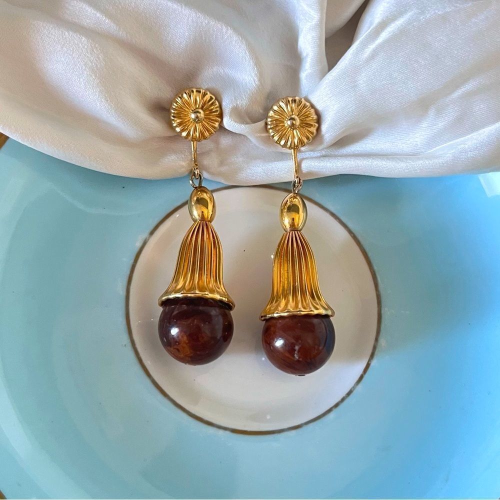 Vintage Vendome Gold Fluted Ball Drop Earrings